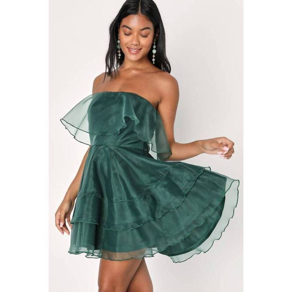 Lulus Adored Darling Emerald Organza Ruffled Strapless Mini Dress Green - Size M
